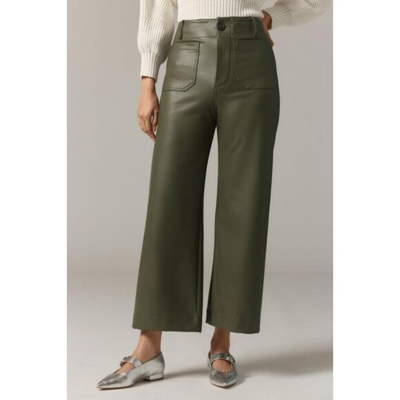 Anthropologie Maeve Colette Cropped Wide Leg Pants Faux Leather Holly Green 26
